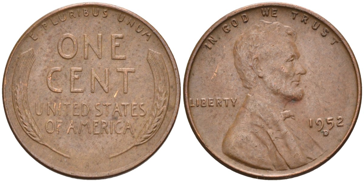 США 1 цент 1952 D, Линкольн KM А132 медь цинк 4115-815