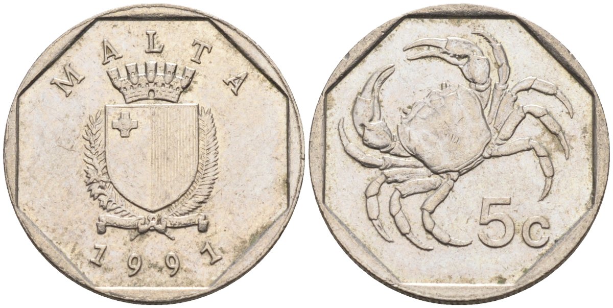 Мальта 5 центов 1991 краб KM 95 медно-никель 4564-835