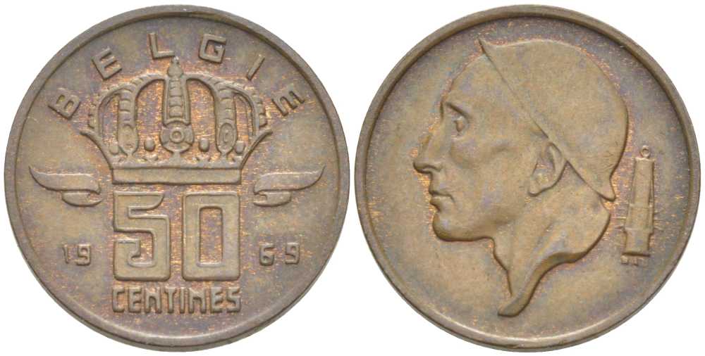 Бельгия 50 сантимов 1969 Belgie, Бодуэн I (1951-1993) KM 149.1 бронза 214-212