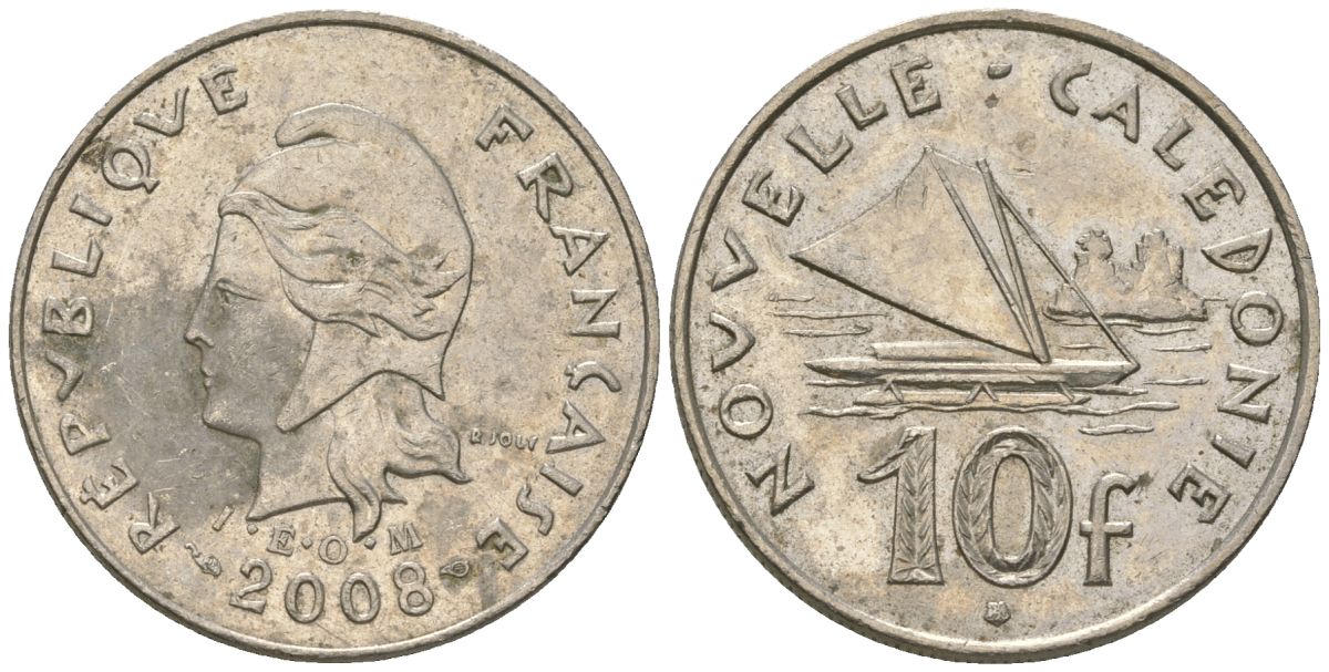 Французская Новая Каледония 10 франков 2008 рыбачья парусная лодка, (IEOM) KM 11a, Schoen 13a, Lec 99k медно-никель 60-653