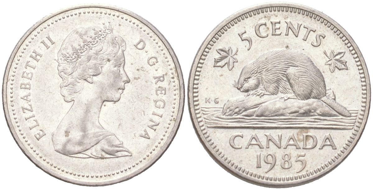 Канада 5 центов 1985 Елизавета II, бобер KM 60.2a медно-никель 4611-517