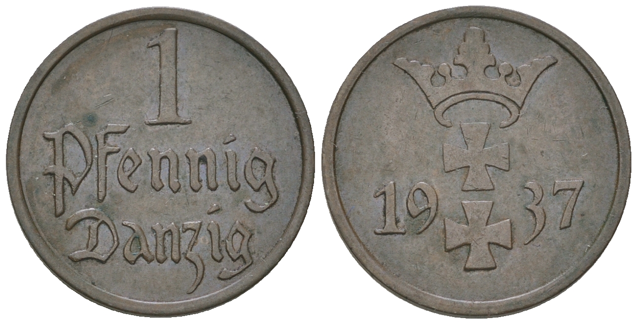 Данциг 1 пфенниг 1937 J. D 2, KM 140 бронза 4164-613