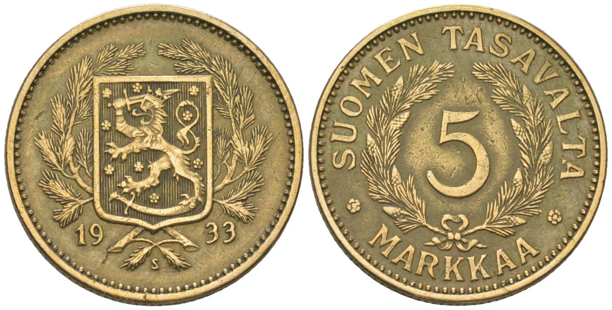 Финляндия 5 марок 1933 S KM 31 алюминиевая бронза 4589-1016