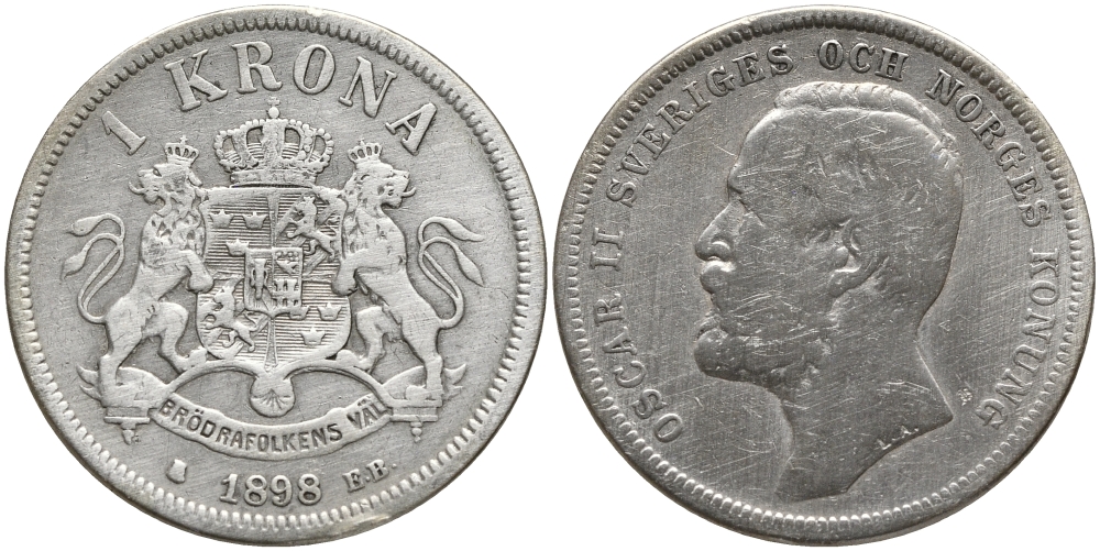 Швеция 1 крона 1898 E.B. Оскар II (1872-1907) король Швеции и Норвегии KM 760 (535) серебро 51-1211