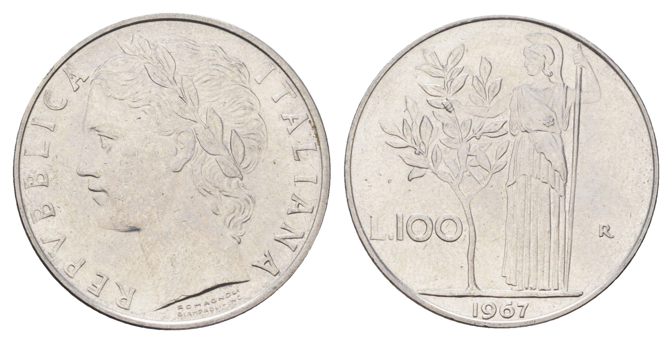 Италия 100 лир 1967 R, Афина в доспехах KM 96.1 нержавеющая сталь 4704-714