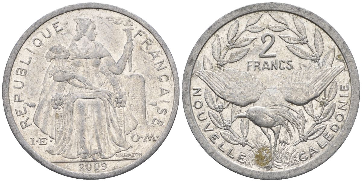 Французская Новая Каледония 2 франка 2009 птица кагу, (IEOM) KM 14, Schoen 11 алюминий    27-126