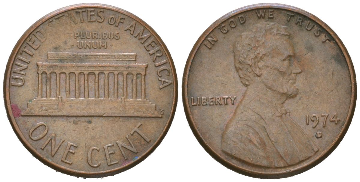 США 1 цент 1974 D, Авраам Линкольн  KM 201 медь цинк 220-921