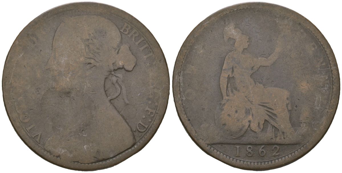 Великобритания 1 пенни 1862 Виктория (1837-1901) KM 749.2, Spink 3954 бронза 115-634