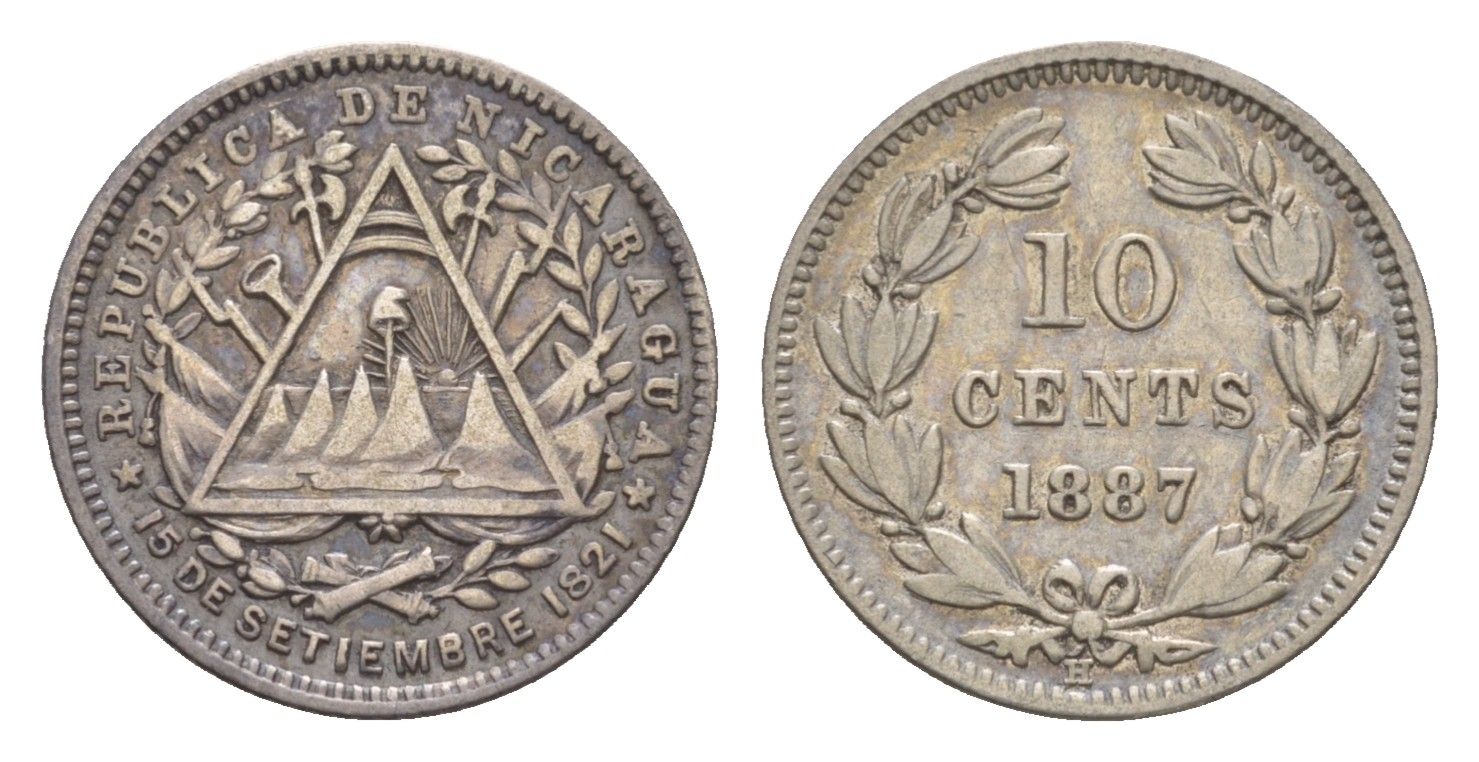 Никарагуа 10 сентаво 1887 год-тип KM 6 серебро 1520-1521