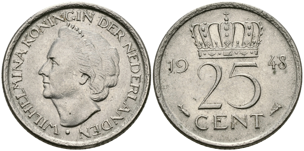 НИДЕРЛАНДЫ 25 ЦЕНТОВ 1948 ВИЛЬГЕЛЬМИНА KM 178 никель 46-1937