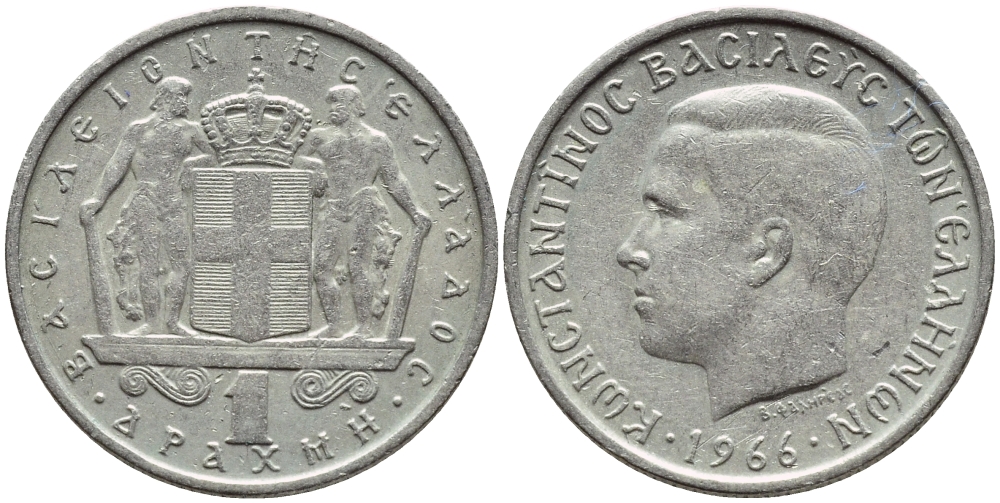 ГРЕЦИЯ 1 ДРАХМА 1966 КОНСТАНТИН II (1964-1973) KM 89 медно-никель 4395-416