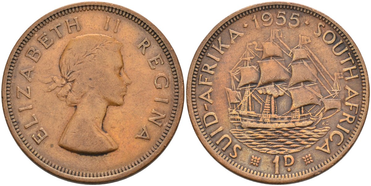 ЮАР 1 пенни 1955 Елизавета II (1952-) KM 46 бронза 4574-1213