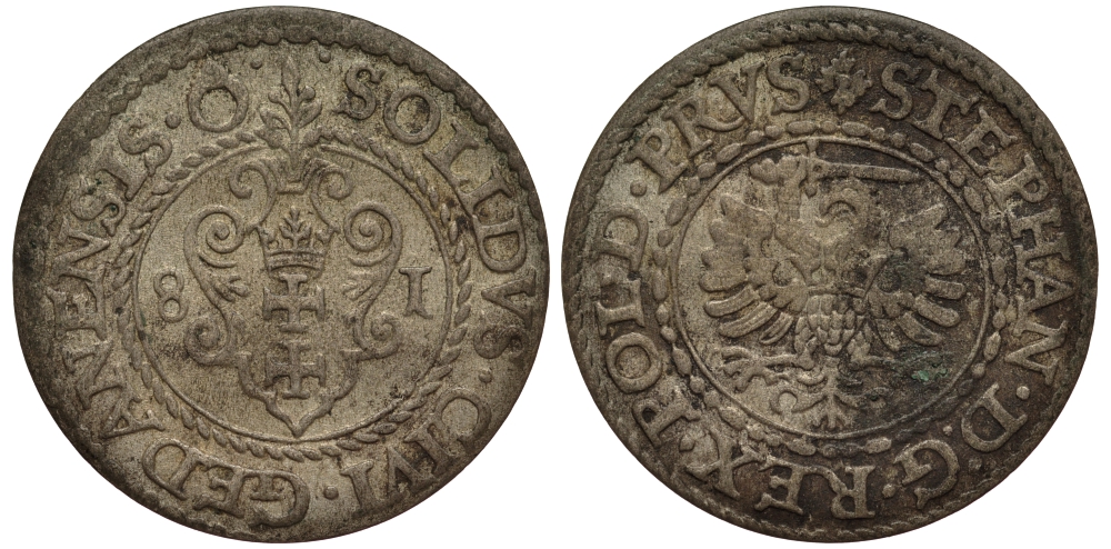 Данциг 1 шиллинг (шеляг) 1581 Стефан Баторий (1576-1586), вес 1,04 гр. серебро 1516-1532