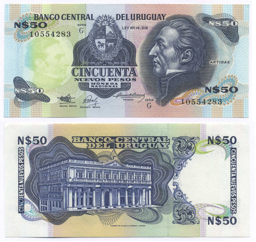 УРУГВАЙ 50 ПЕСО 1989 СЕРИЯ G, ХОСЕ ХЕРВАСИО АРТИГАС Pick 61A бумага UNC (ПРЕСС) 8588-89-2-1