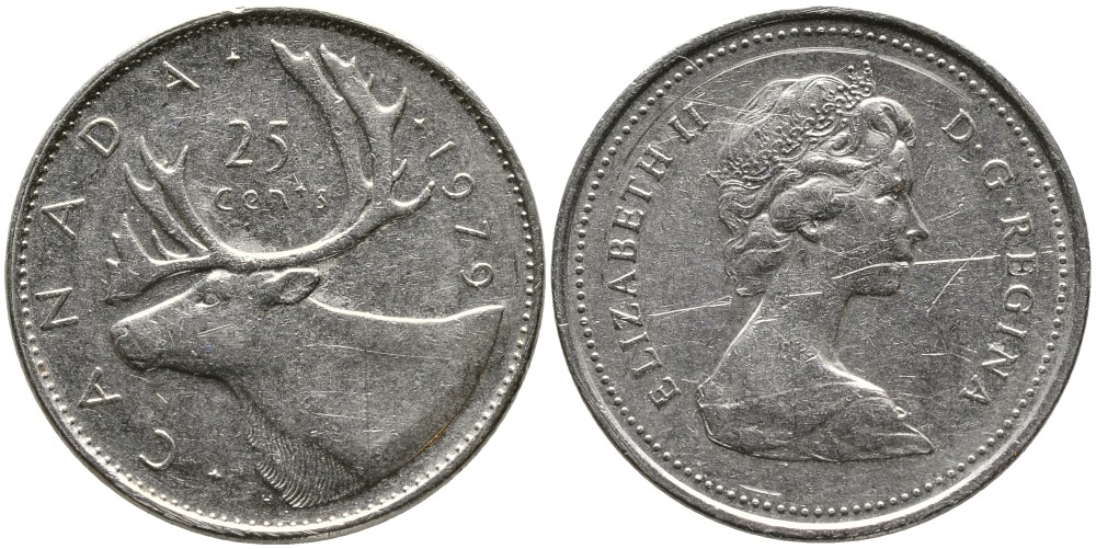 КАНАДА 25 ЦЕНТОВ 1979 ЕЛИЗАВЕТА II (1952-), ОЛЕНЬ, ВТОРОЙ ПОРТРЕТ В КОРОНЕ KM 74 никель 4543-742