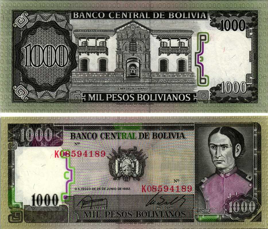 Боливия 1000 песо боливиано 1982 Хуана Асурдуй де Падилья Pick 167a (3) бумага UNC (пресс) 7219-39-3-1