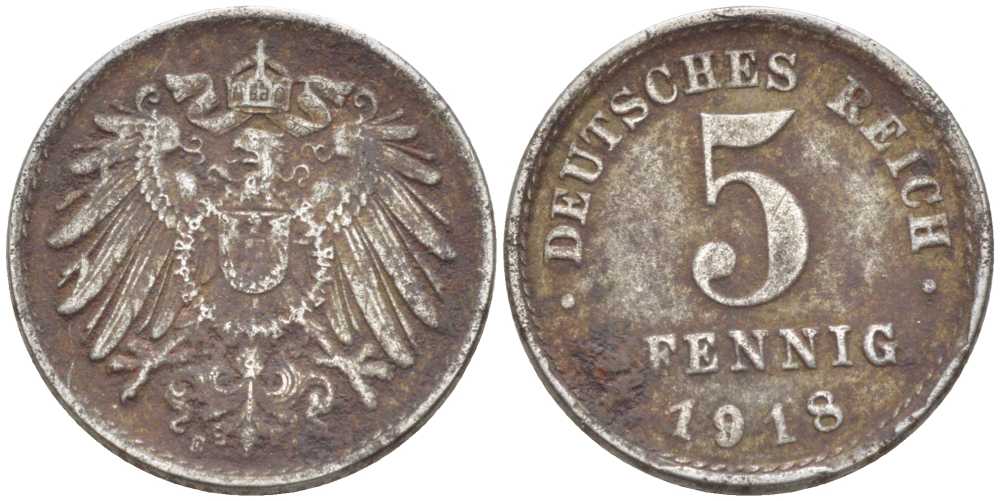 ГЕРМАНИЯ 5 ПФЕННИГОВ 1918 E KM 19, J. 297, Weege 5 железо 206-717