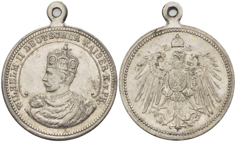 ПРУССИЯ МЕДАЛЬ ND ВИЛЬГЕЛЬМ II КОРОЛЬ ПРУССИИ, С УШКОМ ДЛЯ НОШЕНИЯ, ДИАМЕТР 27 ММ. белый металл 4527-935
