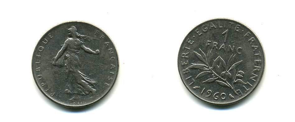 ФРАНЦИЯ 1 ФРАНК 1960 СЕЯТЕЛЬ KM 925.1, LE FRANC 226.4 никель 83-743