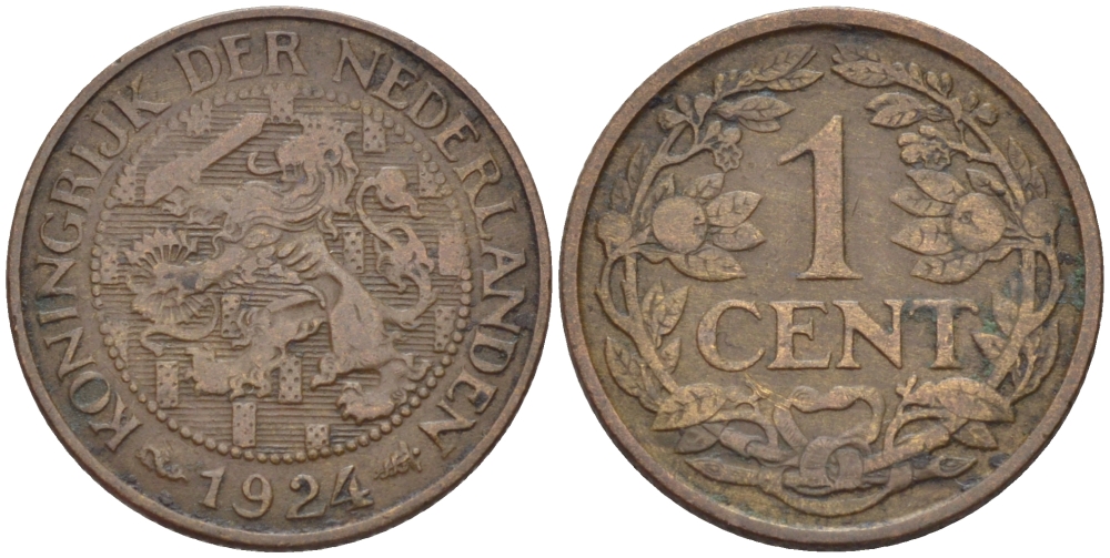 НИДЕРЛАНДЫ 1 ЦЕНТ 1924 ВИЛЬГЕЛЬМИНА (1890-1948), РЕДКИЙ ГОД KM 152 бронза 100-826