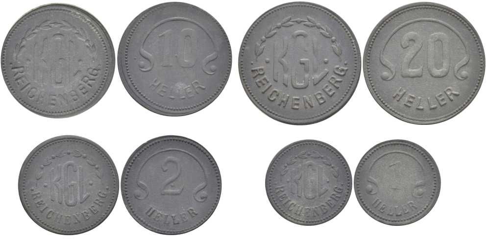 Австрия набор из 4 монет (1, 2, 10, 20 геллеров) ND лагерные деньги, лагерь Reichenberg (Рейхенберг) (Либерец) в Чехии, первая мировая война, нотгельд,  лагерьгельд  цинк    N5-53