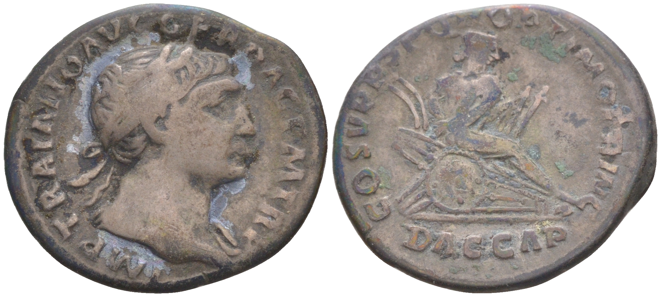 Римская Империя денарий 108 Траян, голова императора, IMP TRAIANO AVG GER DAC P M TR P / пленный дакиец на трофейном оружии, COS V P P S P Q R OPTIMO PRINC DAC CAP, Рим RIC 96 серебро 1073-15-94