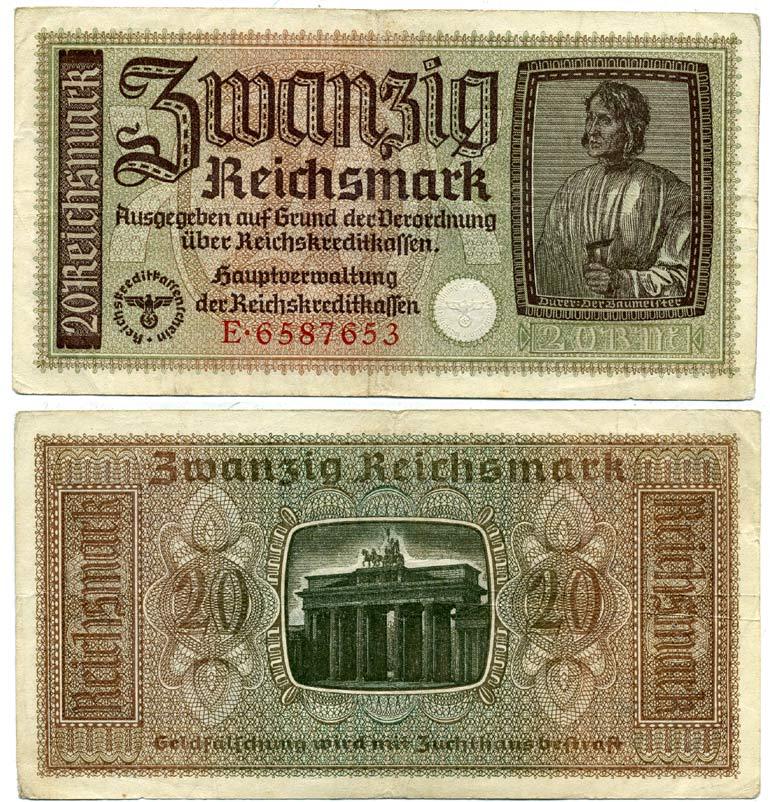 ГЕРМАНИЯ 20 РЕЙХСМАРОК 1940-1945 ДЛЯ ОККУПИРОВАННЫХ ТЕРРИТОРИЙ Pick R139 бумага 3295-65-1