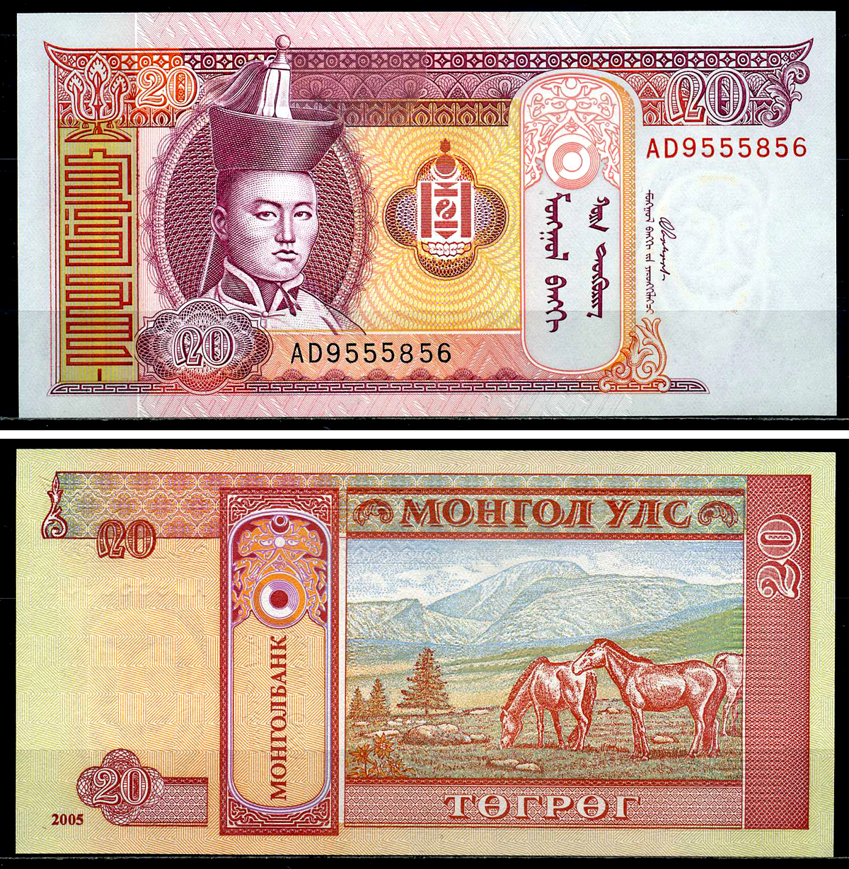 Монголия 20 тугриков 2005 Сухэ Батор Pick 63c бумага UNC (пресс) 446-82-1