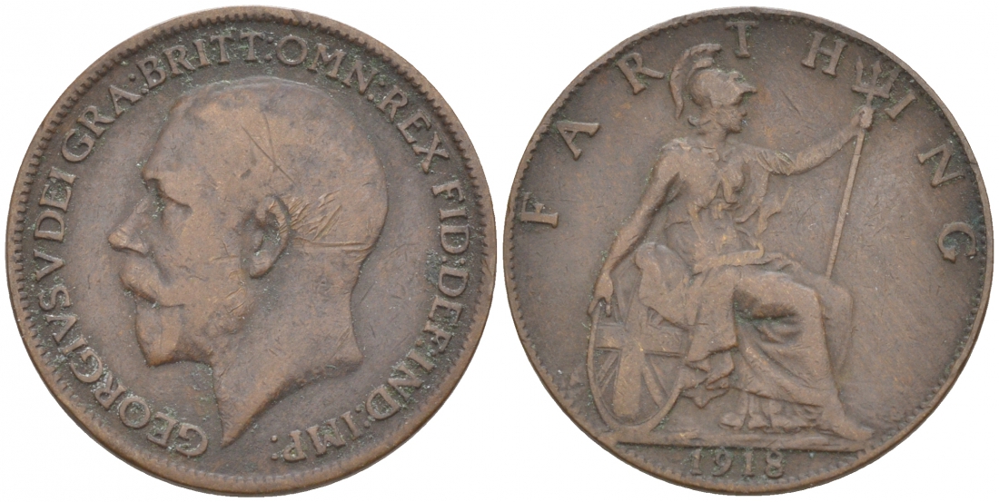 Великобритания 1 фартинг 1918 Георг V (1910-1936) KM 808.1, Spink 4059 бронза 187-142