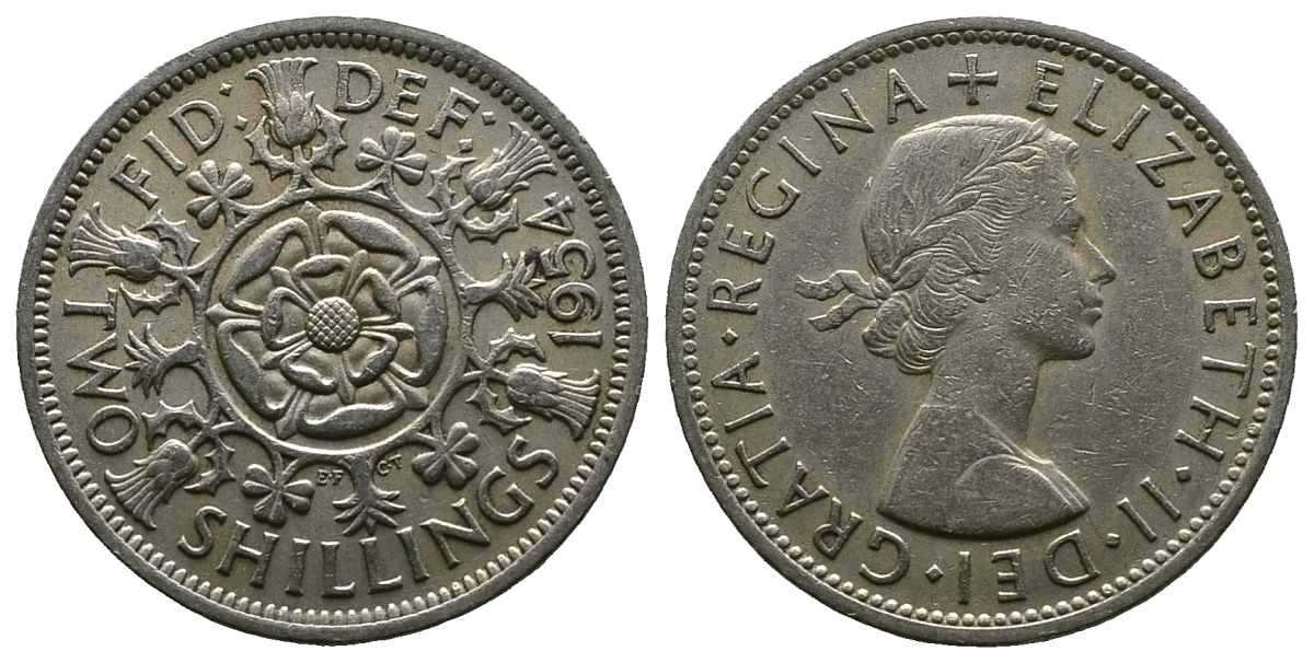 Великобритания 2 шиллинга (флорин) 1954 Елизавета II (1952-2022) KM 906, Spink 4146 медно-никель    4364-4033