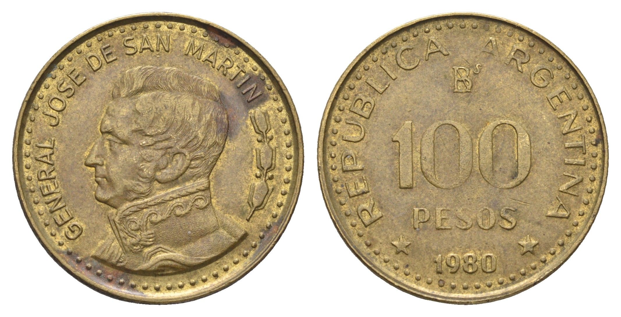Аргентина 100 песо 1980 KM 85a сталь плакированная латунью 4663-713