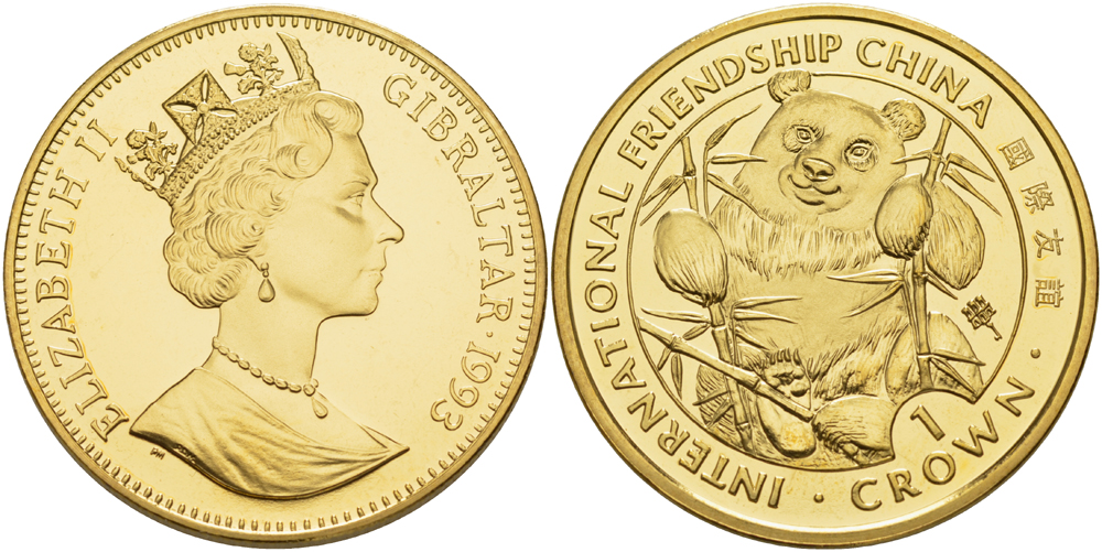 Гибралтар 1 крона 1993 серия международная дружба, панда KM 184 медно-никель, позолота BUNC 1084-8-54