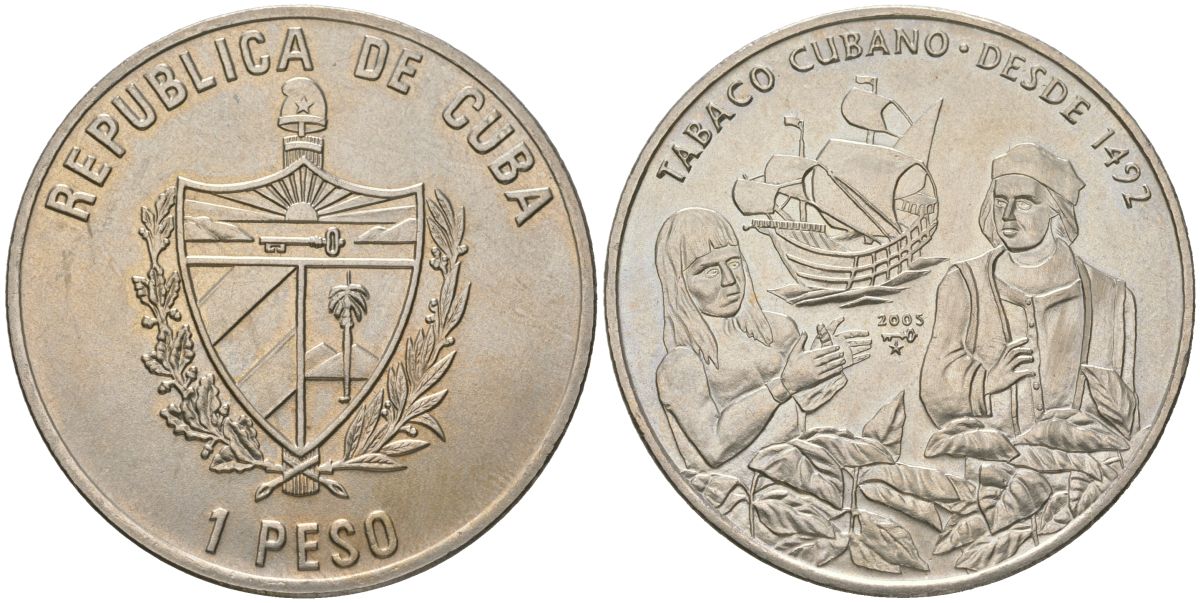 Куба 1 песо 2005 500 лет кубинскому табаку KM 924 сталь плакированная никелем UNC 1530-842