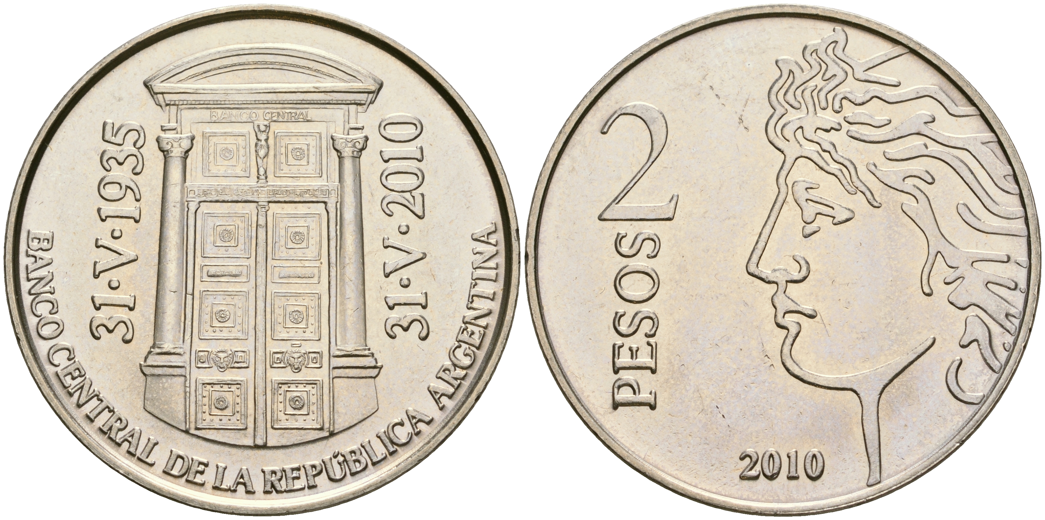 Аргентина 2 песо 2010 75 лет Центральному Банку KM 162 медно-никель UNC 4607-626