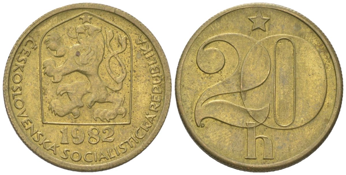 Чехословакия 20 геллеров 1982 KM 74 латунь aUNC 4115-945