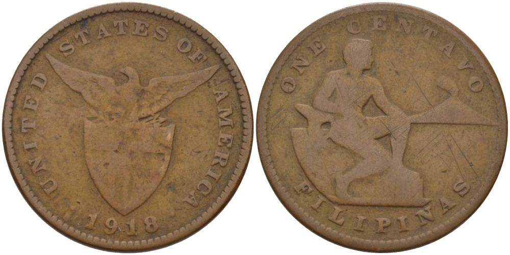 ФИЛИППИНЫ 1 СЕНТАВО 1918 S, АДМИНИСТРАЦИЯ США KM 163 бронза 28-451