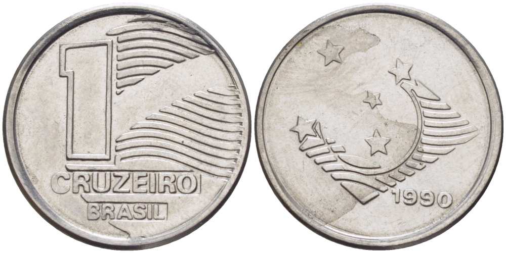 Бразилия 1 крузейро 1990 KM 617 нержавеющая сталь 201-762