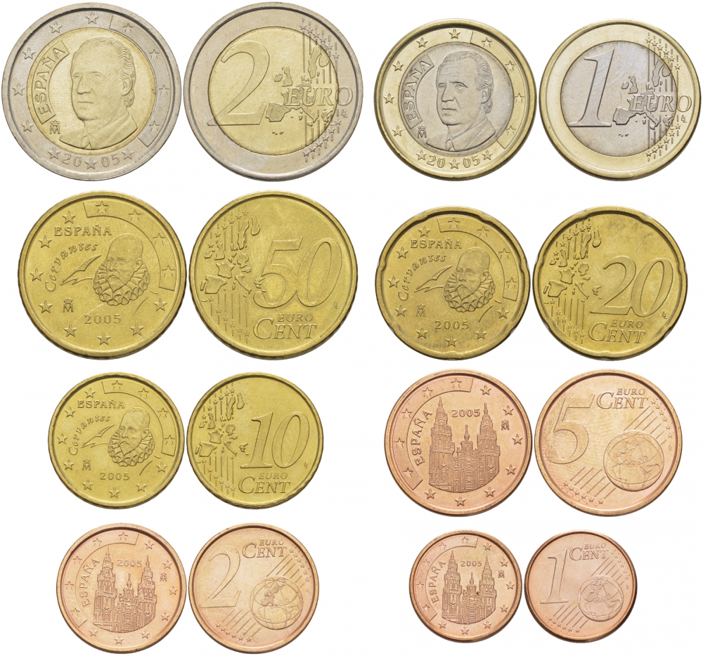 Испания полный евронабор из 8 монет 2005 1, 2, 5, 10, 20, 50 евроцентов, 1 и 2 евро KM 1040, 1041, 1042, 1070, 1071, 1072, 1073, 1074 N6-07