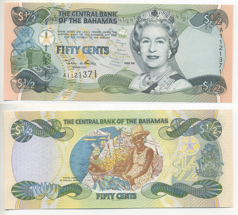 Багамские острова 50 центов (1/2 доллара) 2001 Елизавета II (1953- ) Pick 68 бумага UNC (пресс) 7220-36-3