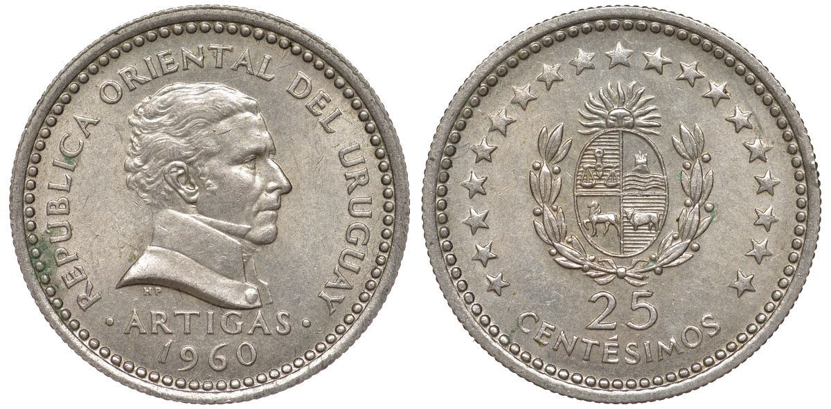 Уругвай 25 сентесимо 1960 KM 40 медно-никель 4580-1141