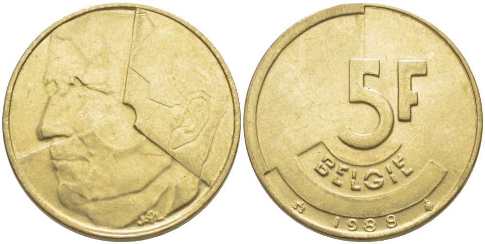 БЕЛЬГИЯ 5 ФРАНКОВ 1988 BELGIE, БОДУЭН I (1951-1993) KM 164 латунь или алюминиевая бронза 119-856