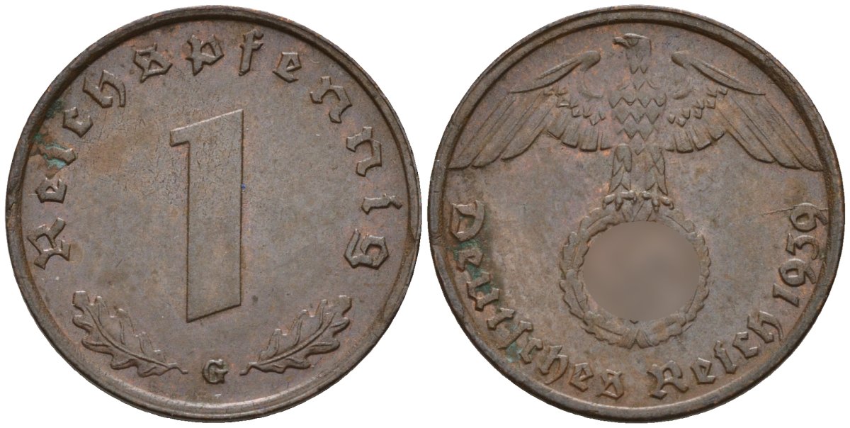 Германия 1 рейхспфенниг 1939 G KM 89, J. 361 бронза 4147-1223