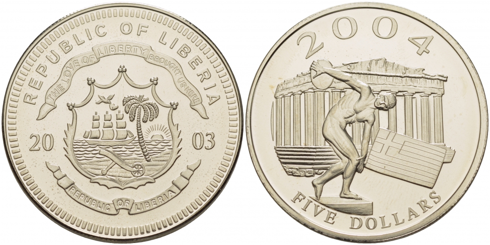 Либерия 5 долларов 2003 Олимпиада, дискобол  медно-никель  UNC  1099-2-33