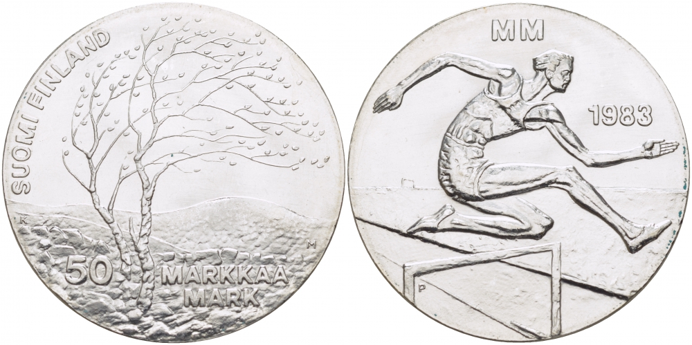Финляндия 50 марок 1983 K-T, чемпионат мира по атлетике, бег с препятствиями KM 61 серебро UNC 1515-1224