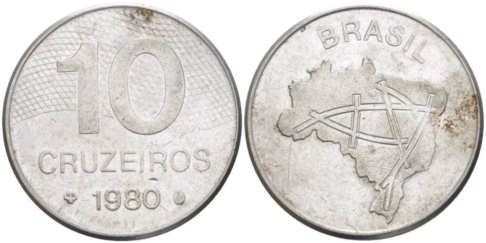 Бразилия 10 крузейро 1980 карта Бразилии KM 592.1 нержавеющая сталь 4388-155