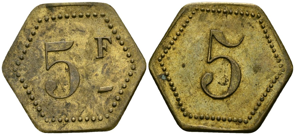 Франция 5 франков XIX-XX век ресторанный жетон латунь 4166-1015