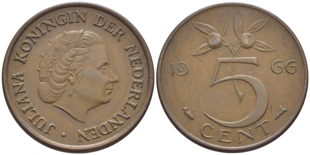 НИДЕРЛАНДЫ 5 ЦЕНТОВ 1966 ЮЛИАНА KM 181 бронза 3856-737