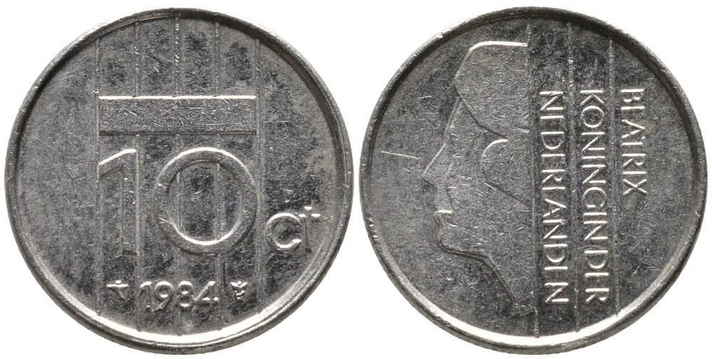 НИДЕРЛАНДЫ 10 ЦЕНТОВ 1984 БЕАТРИКС KM 203 никель 96-1253