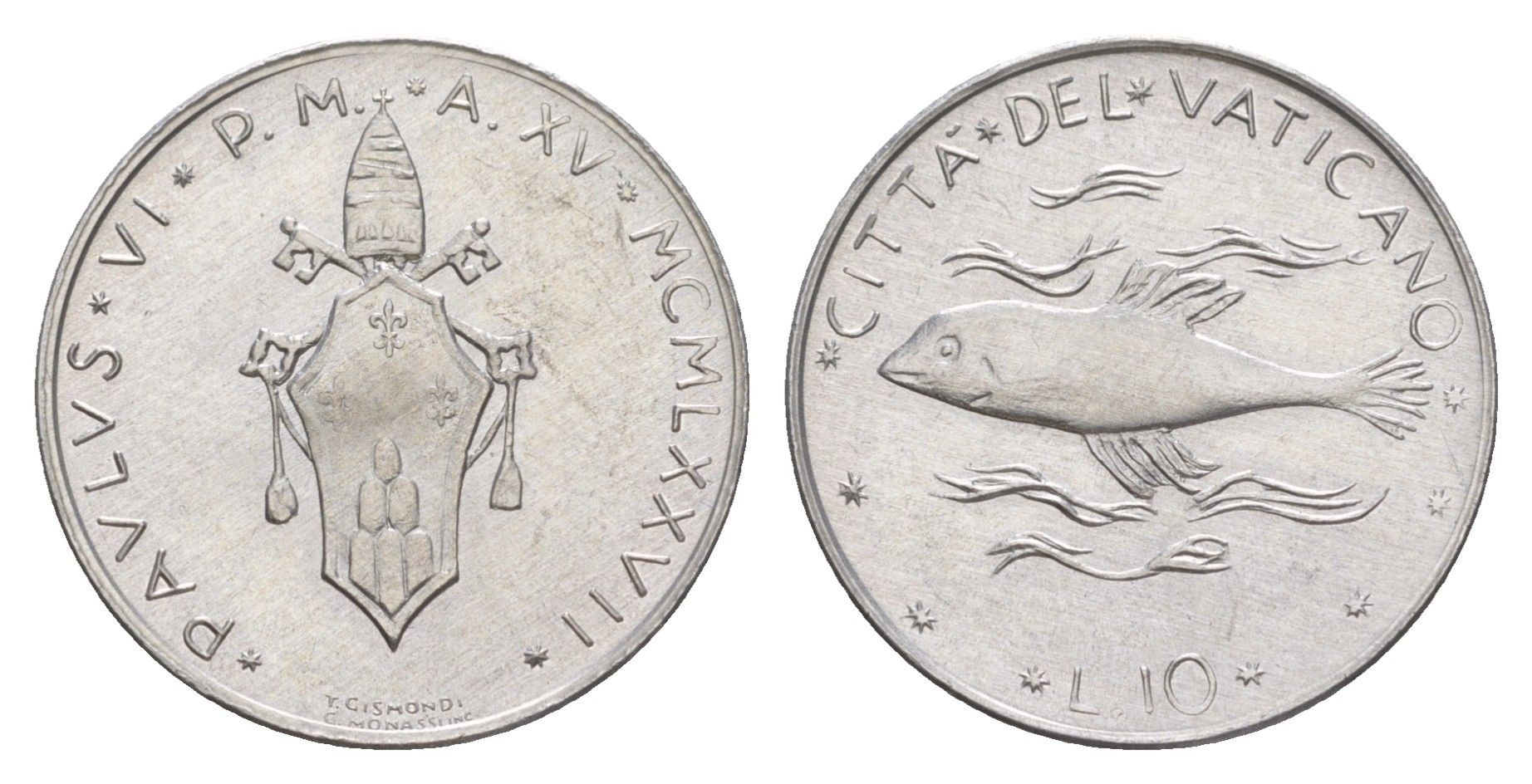 Ватикан 10 лир 1977 KM 119 алюминий UNC 4633-1221