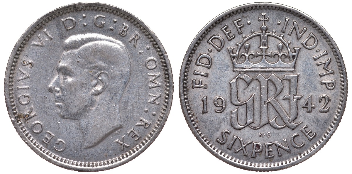 Великобритания 6 пенсов 1942 Георг VI (1936-1952) KM 852, Spink 4084 серебро 4124-738